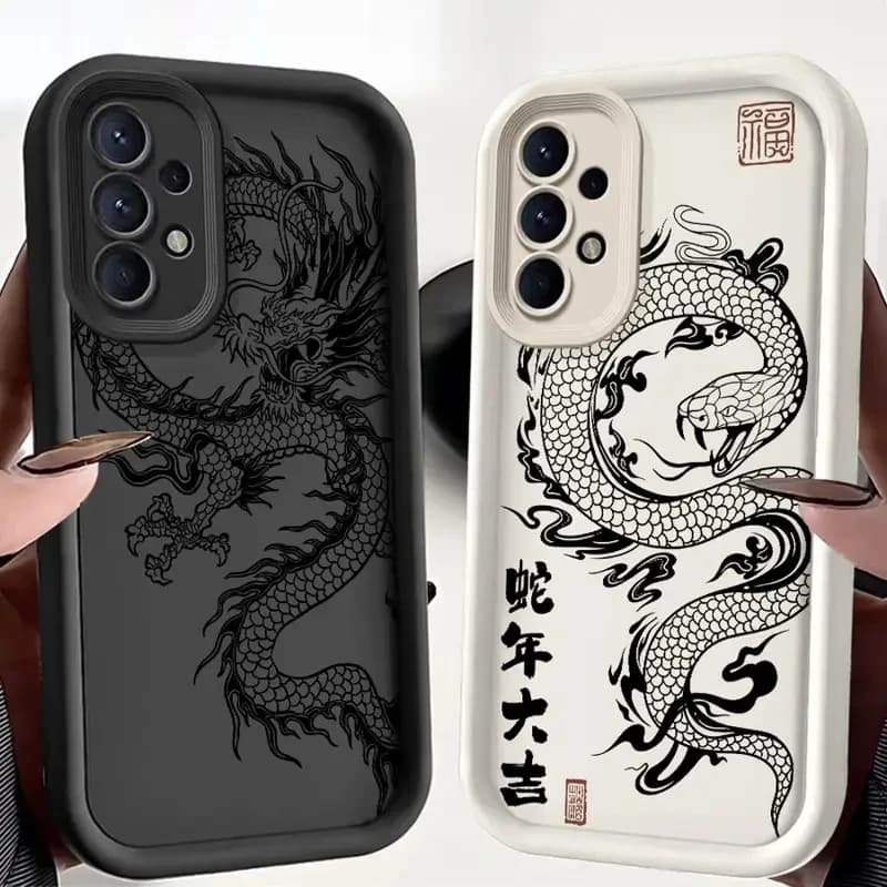Cover per Samsung Galaxy A16 A34 A12 A14 A32 A23 A26 A56 A15 A51 A73 A53 A54, custodia morbida con drago nero e serpente