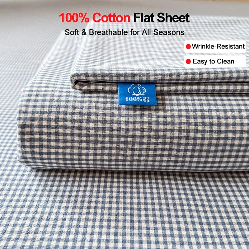 Lenzuolo Piatto in Cotone Tinto in Filo, 100% Cotone Blu a Mini Quadretti, Morbido e Traspirante per Tutte le Stagioni, Resistente
