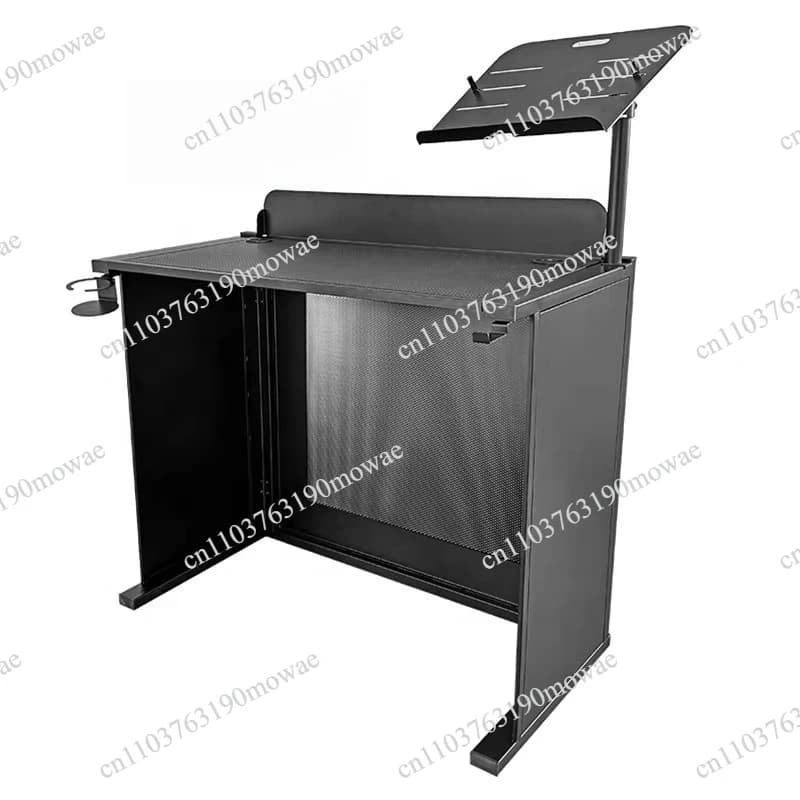 Steel DJ table with integrated laptop stand and stand accessories for professional mixing and live events