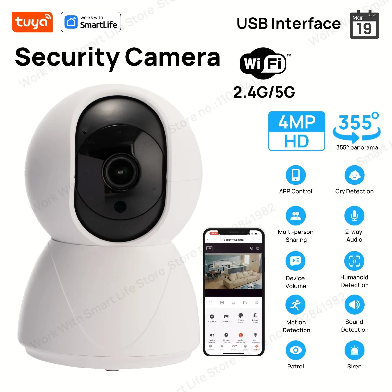 Telecamera interna USB da 4 MP, telecamera di sicurezza 2K per baby monitor, telecamere Wifi PTZ per la sicurezza domestica, telecamera per animali domestici Funziona con Tuya