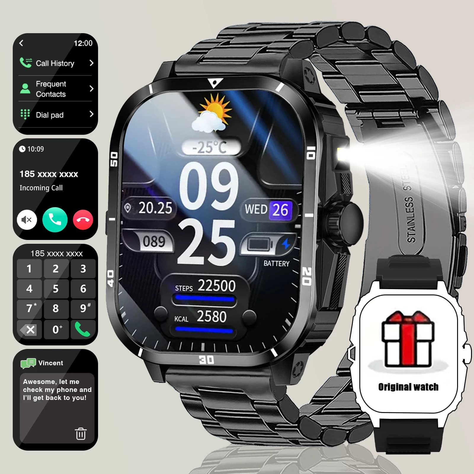 Smart Watch con chiamata in arrivo, quadrante, storia delle chiamate, avvisi dei messaggi, tracciamento dei passi/calorie, visualizzazione meteorologica