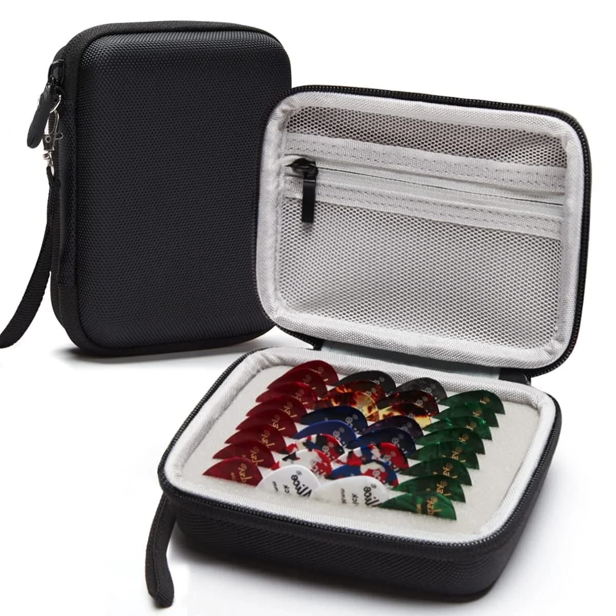 Large Capacity Waterproof Square Pick Organizer Mesh Zipper Pocket Holds Multiple Guitar Picks EVA Shock Proof Guitar Pick Case