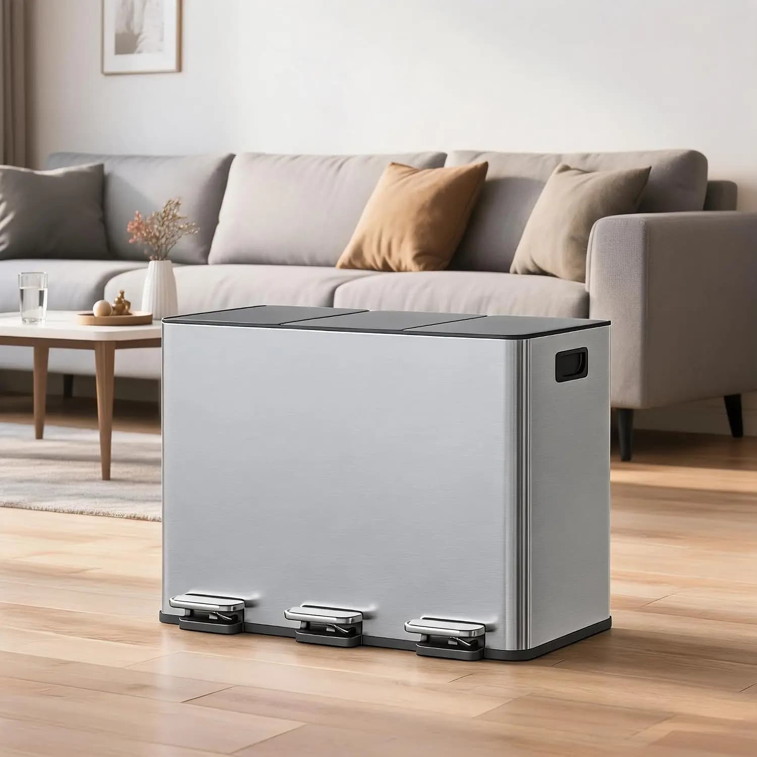 45L (12 Gal) 3-Compartment Kitchen Trash Can, Stainless Steel Triple Recycling Pedal Bin - Soft-Close Lid, 3 Removable Buckets, Odor Control, Fingerprint-Resistant
