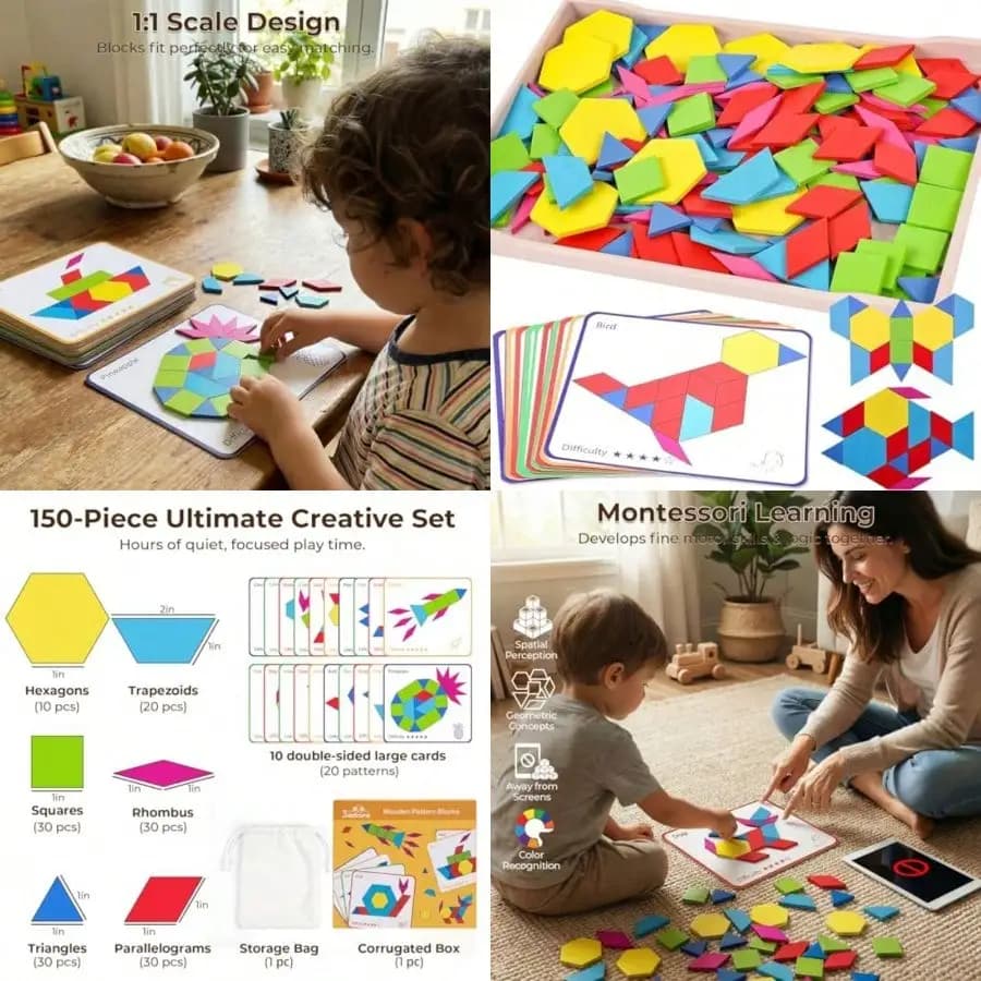 150 Pezzi Blocchi di Legno con Motivi Geometrici, Puzzle Tangram con Schede Attività, Giocattolo Educativo