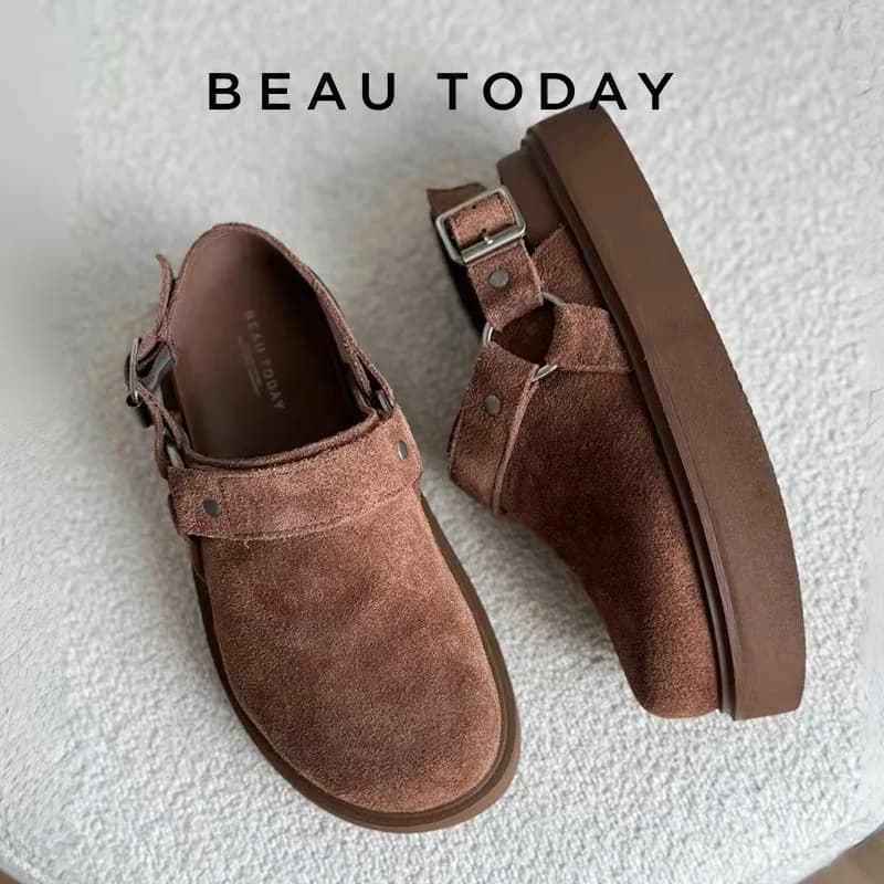 BEAUTODAY Sandali Casual Donna Pelle scamosciata di mucca Appartamenti Anello in metallo Punta Roud Cinturino posteriore Scarpe da esterno da donna Fatte a mano 38276