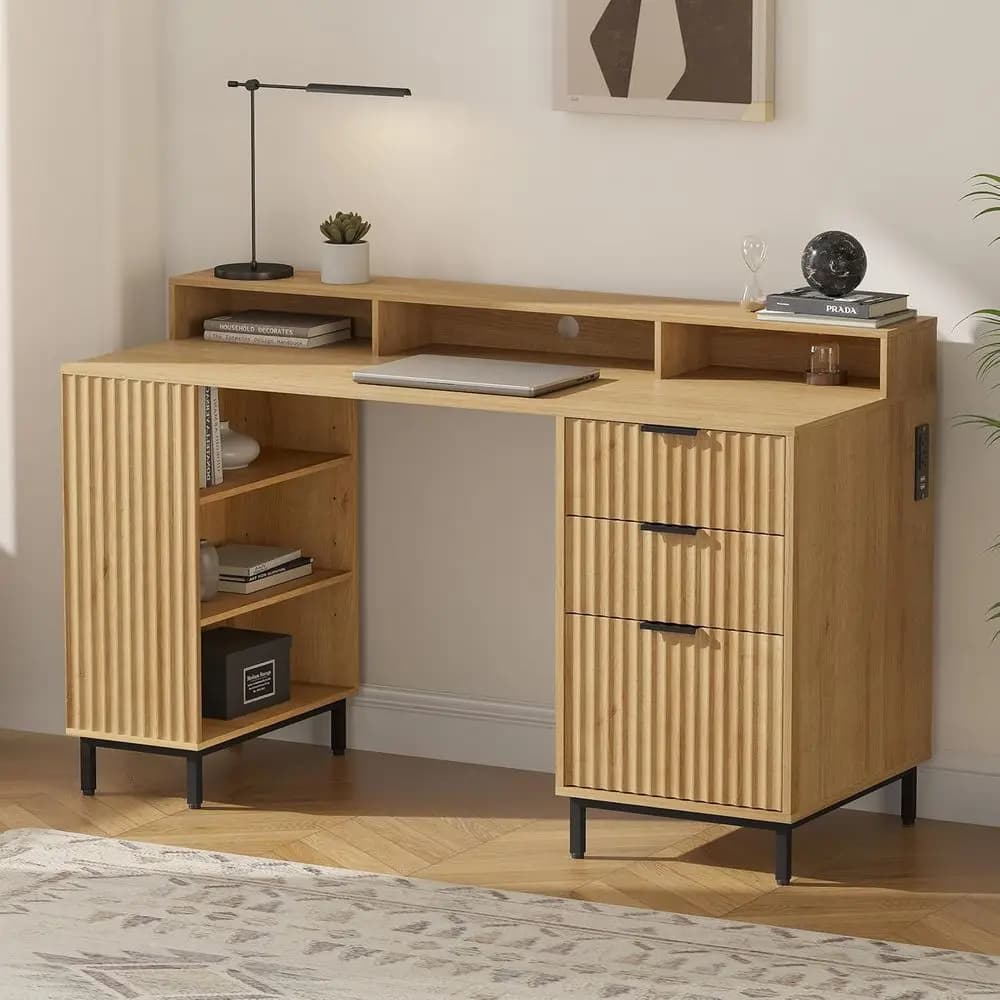 Desk Directional with Storage shelves and Wood Floor, Office desk from 55 Poles with Monitor Support and Charging Station, Writing desk for Home/Office