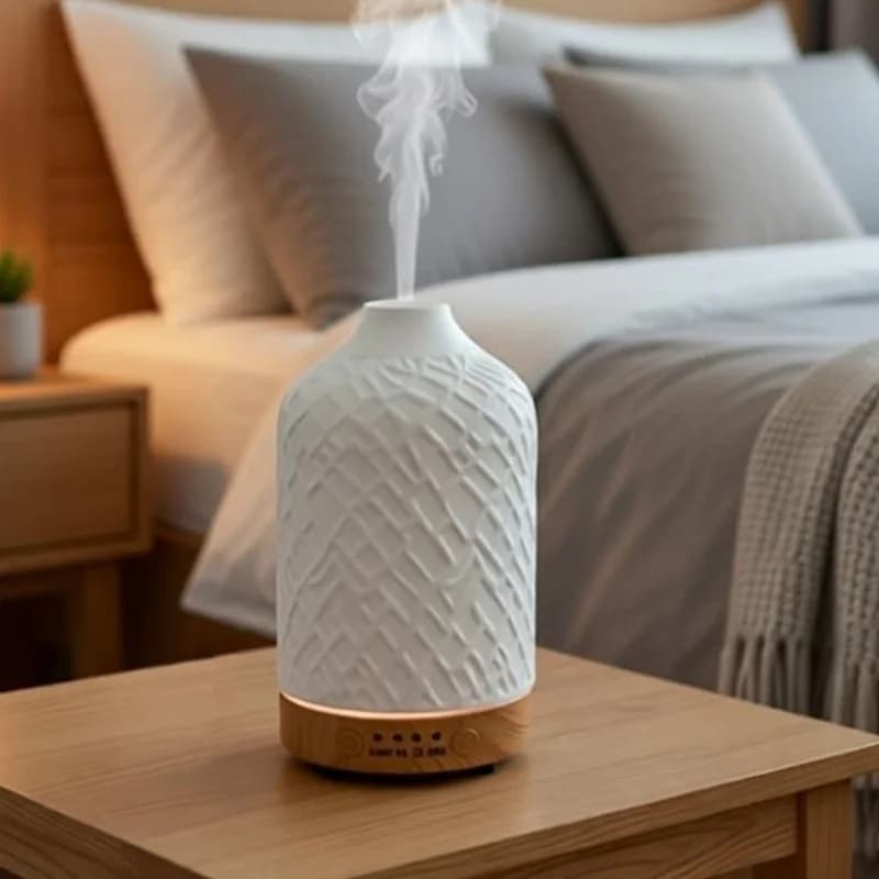 Essential Oil Diffuser Ceramic Wood Grain Aromatherapy Diffuser Scent Cool Mist Humidifier With Light For Room Office