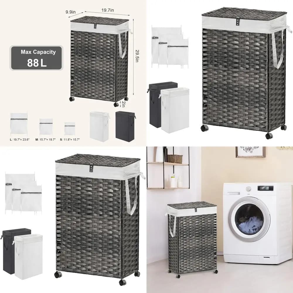 Basket with Wheels of 88 Liters, High Basket on Wheels, 2 Removable Linings and 3 Bags on Network, Grey