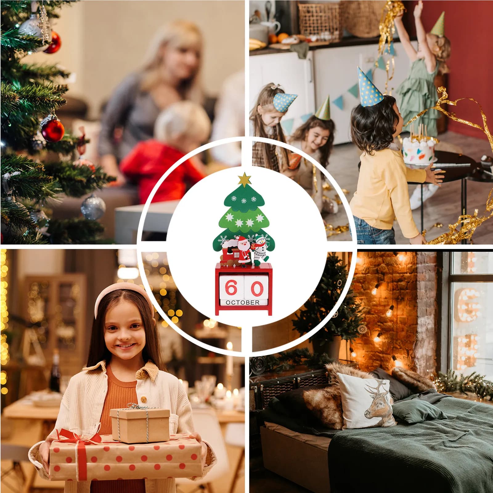 Calendario Natalizio in Legno, Romantico Calendario Perpetuo con Visualizzazione di Mese e Data, Decorazione da Scrivania per il Conto alla Rovescia delle Feste Natalizie