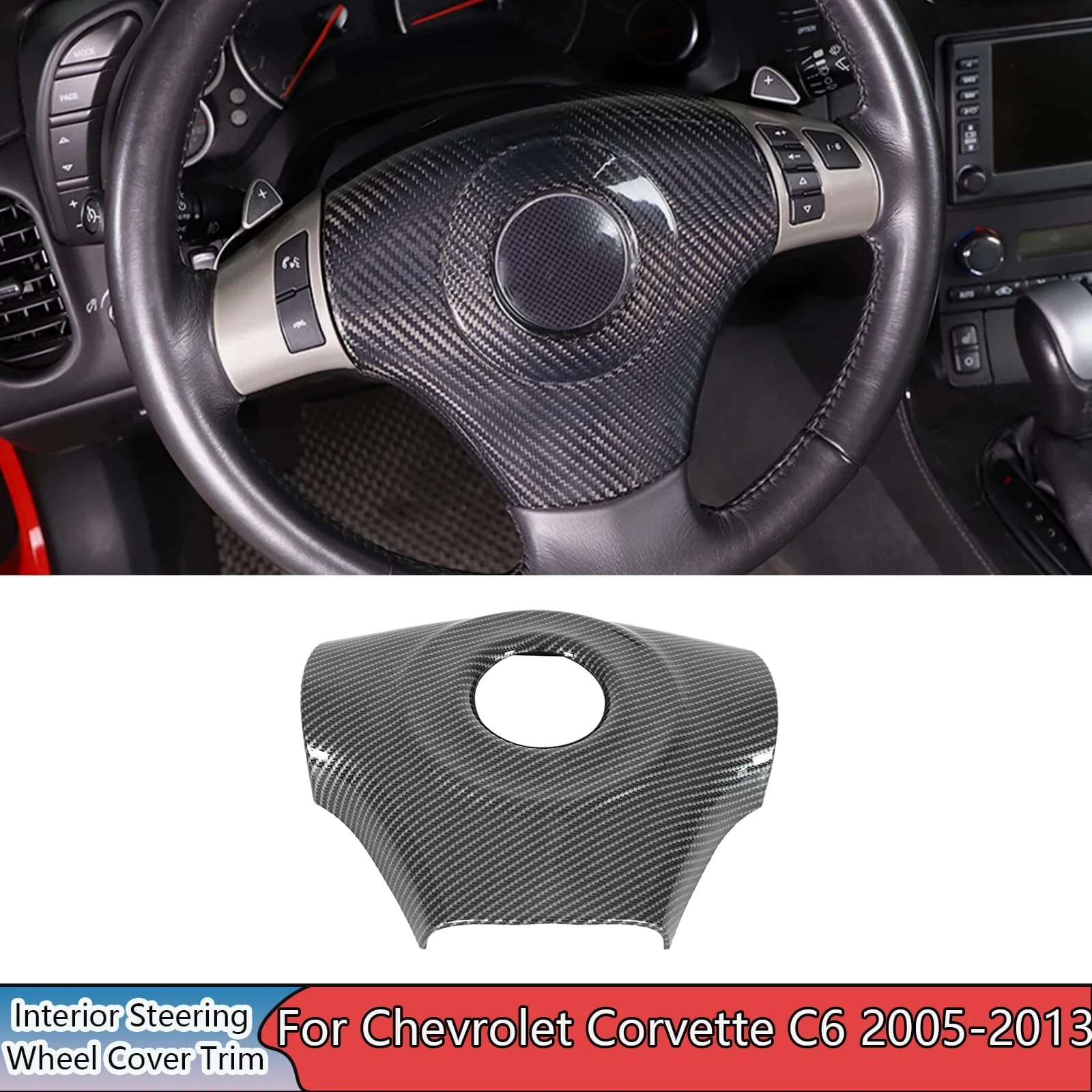 For Chevrolet Corvette C6 2005-2013 A Interior Steering Wheel Cover Trim Carbon Fiber Painted Glossy Black Body Kit ABS Plastic
