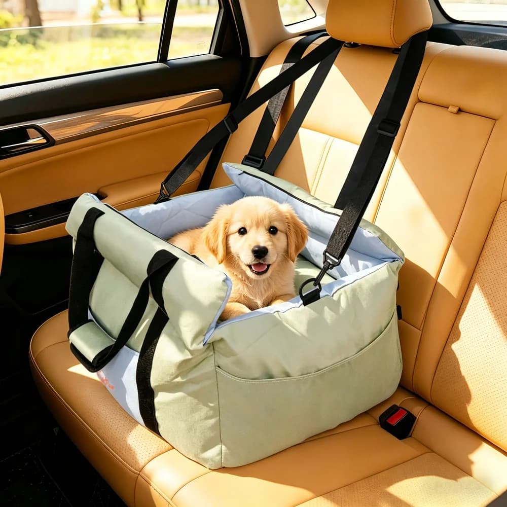 Portable Dog Car Seat Pet Dog Booster Seat Puppy Travel Carrier Bed with Safety Belt Storage Pocket Removable Washable Cover