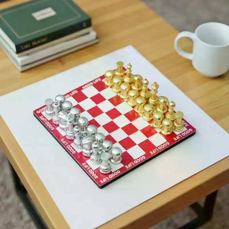Miniature Red Table Chess Set, Magnetic Board Game for 1:12 Dollhouse Scene Display