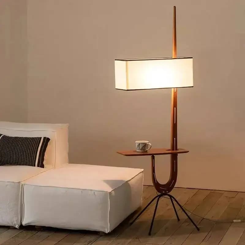 Lampada da terra a forma di giraffa con tavolino, lampada in legno massello, lampada a LED di design, lampada alta in tessuto, lampada da soggiorno in stile wabi sabi, lampada da lettura a piantana.