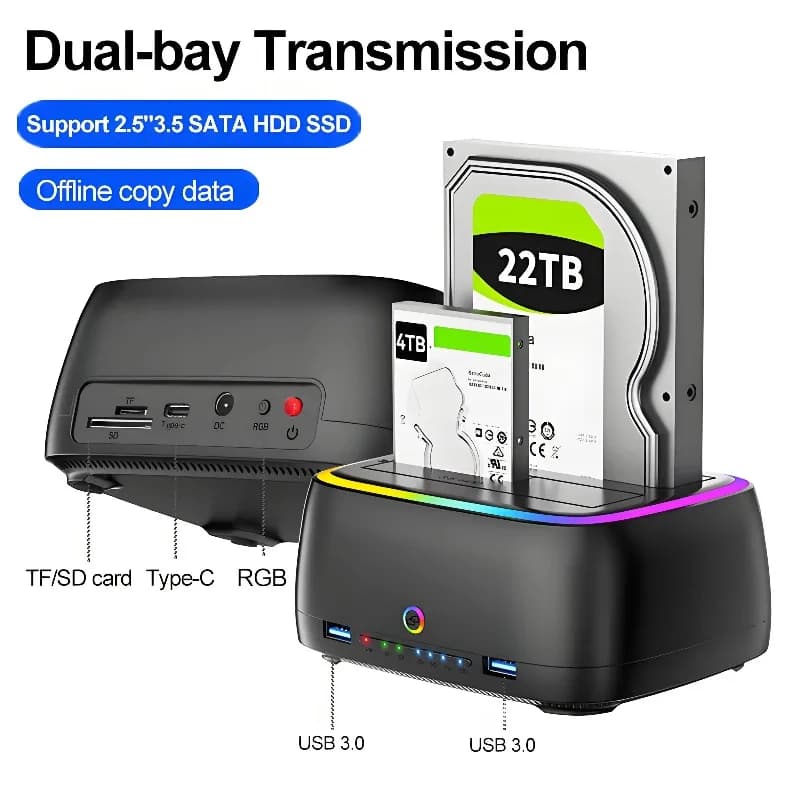 Stazione di archiviazione dati 7 in 1 a doppio slot USB 3.0 5 Gbps, docking station SATA per HDD/SSD da 2,5/3,5 pollici, clone offline, enclosure per schede TF/SD
