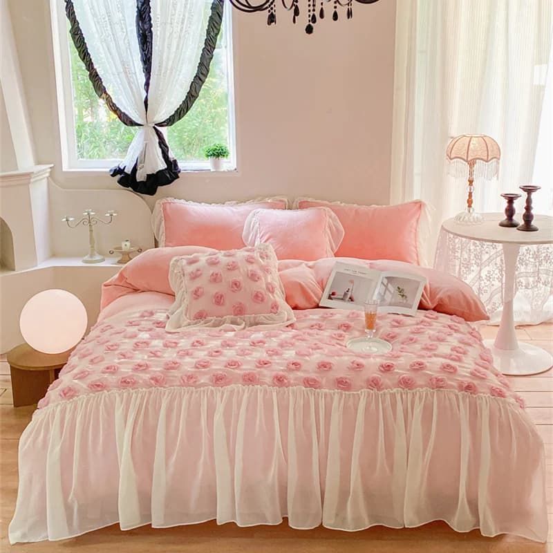 4 pezzi addensato caldo velluto rosa fiori patchwork di pizzo set biancheria da letto principessa Queen 200x230 cm copripiumino lenzuolo federe