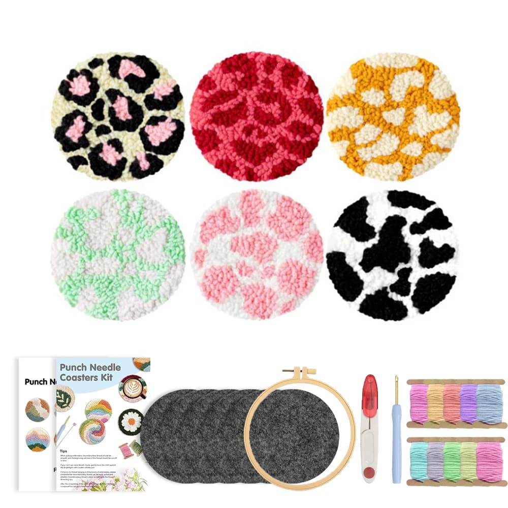 RUOPOTY 6pcs Punch Needle Coaster Colorful Patterns Diy Needle Punch Kit Painting Decor Crafts Gift Landscape Punch Needle Kit
