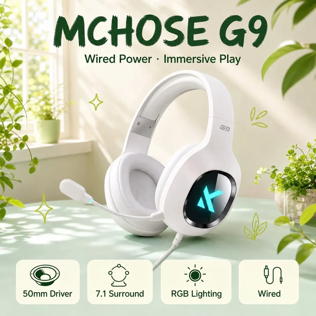 MCHOSE G9 Wired Gaming Headset 7.1 Arena Surround Sound 50mm Titanium Diaphragm RGB Lighting PU Leather Ear Cushions Noise