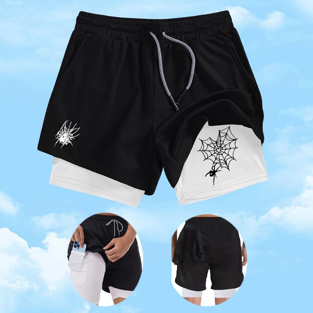 Pantaloncini Sportivi da Uomo a Doppio Strato con Stampa Creativa a Ragnatela, Elastici e ad Asciugatura Rapida, per Fitness Estivo, Ciclismo, Surf e Spiaggia