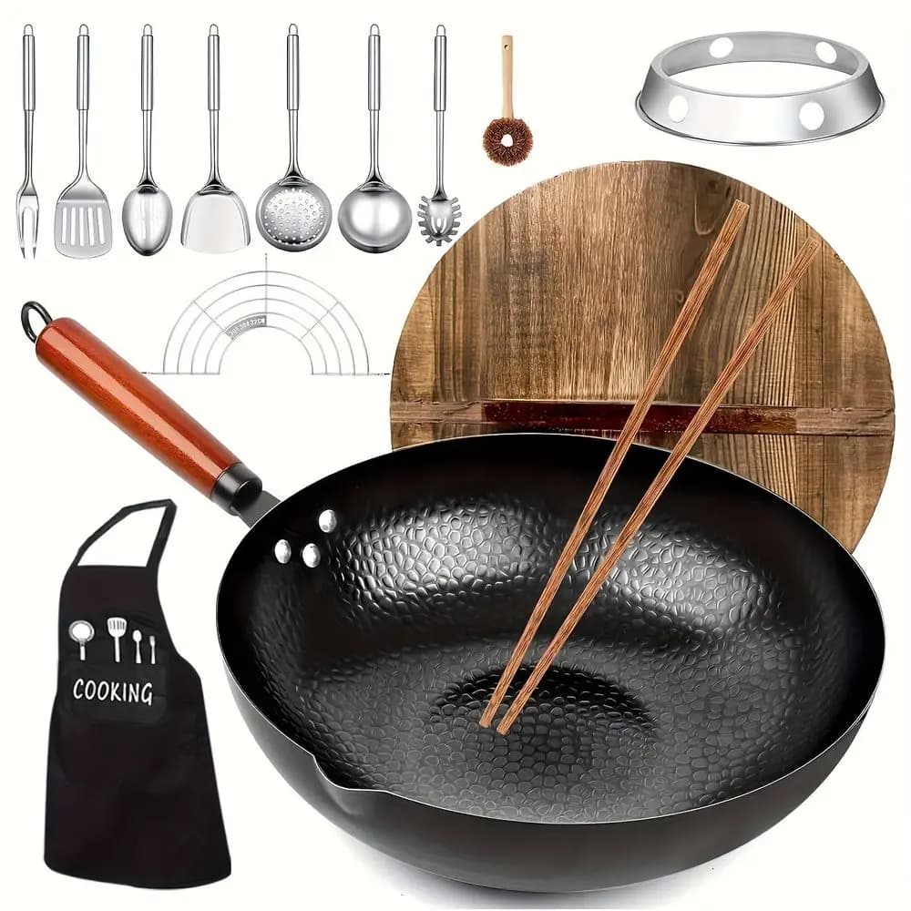 Wok, Cast Iron Frying Pan Wok Set - Nonstick, 12.6 Inch Pan With 13 Cookware Accessories, Suitable For All Stoves, Kitche