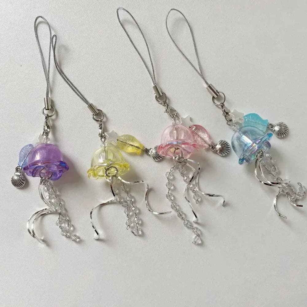 Jellyfish Tassel Y2K Jellyfish Mobile Key Chain Sea Shell Fish Korean Jellyfish Beaded Pendent Beads Chain BackPack Keyring Bag