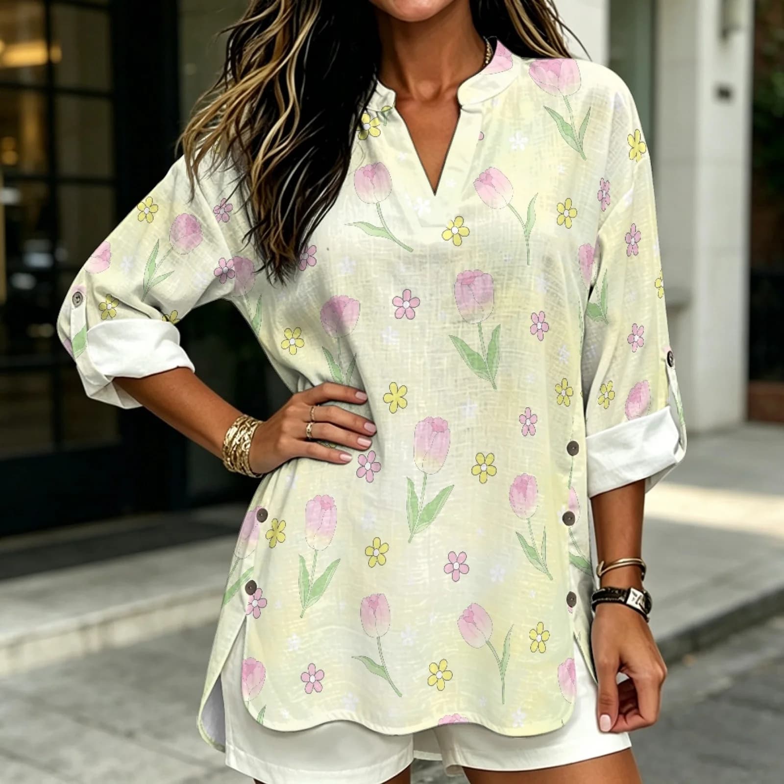 PENSTROLL Casual Fit Linen Style V Neck Blouse Rolled Cuffed Long Sleeve Tops for Women for Business Pink Tulip Floral