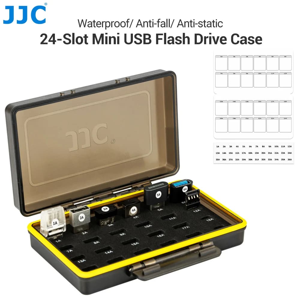 JJC 24-Slot Mini USB Flash Drive Case Mini U Disk Sotrage Holder scatola impermeabile EVA Sponge Anti-drop vieni con etichetta adesiva