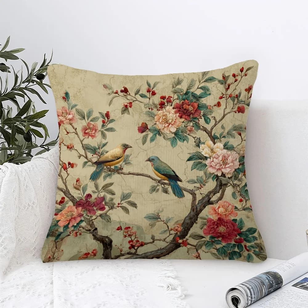 1 fodera per cuscino vintage da soggiorno, stampa 2D fronte-retro in poliestere, cuscino con peonia e ramo d'uccello, regalo perfetto per gli amanti della natura