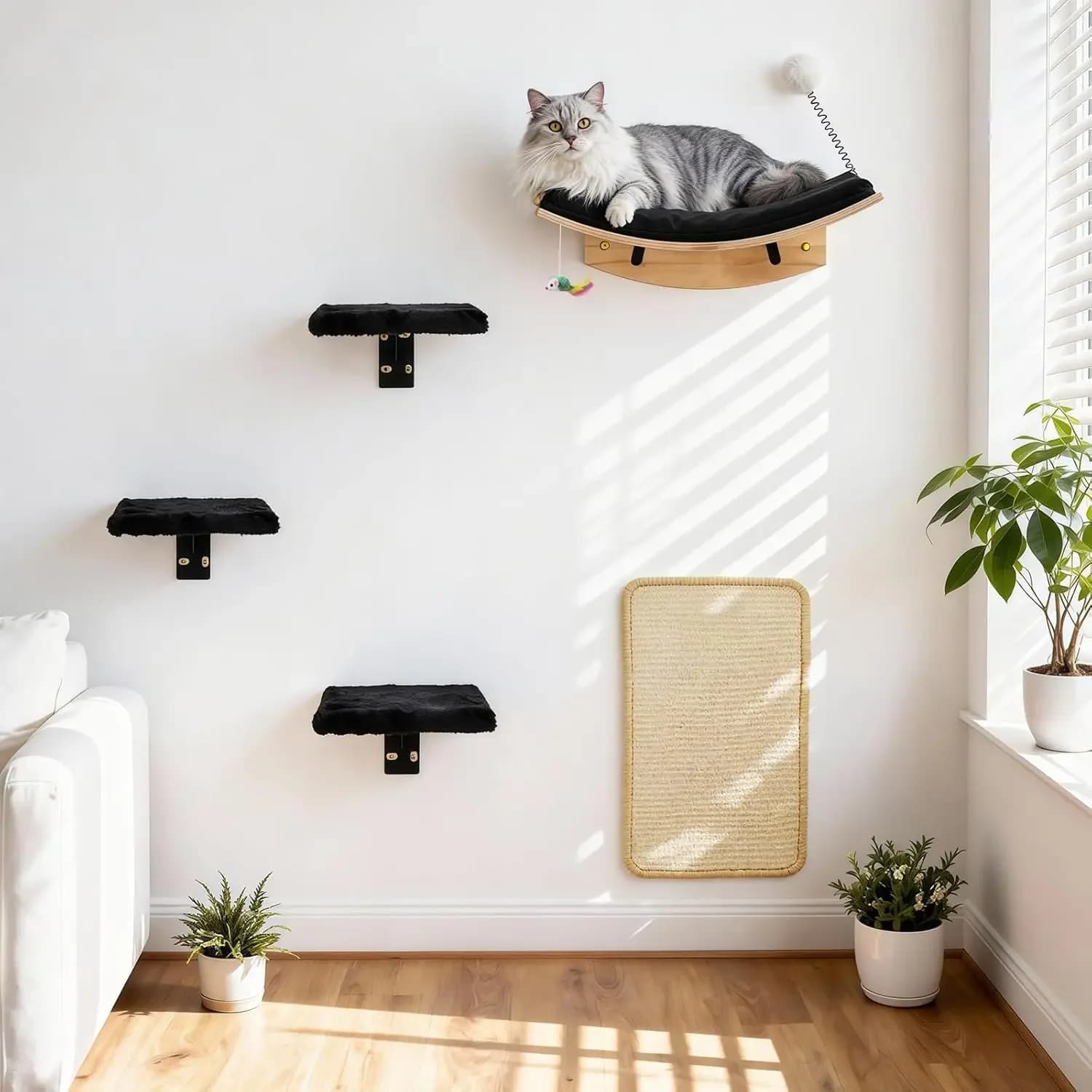 Set Torre per Gatti da Parete con Amaca, Scale e Casetta, Accessorio per Animali Domestici per Passeggiate e Gioco