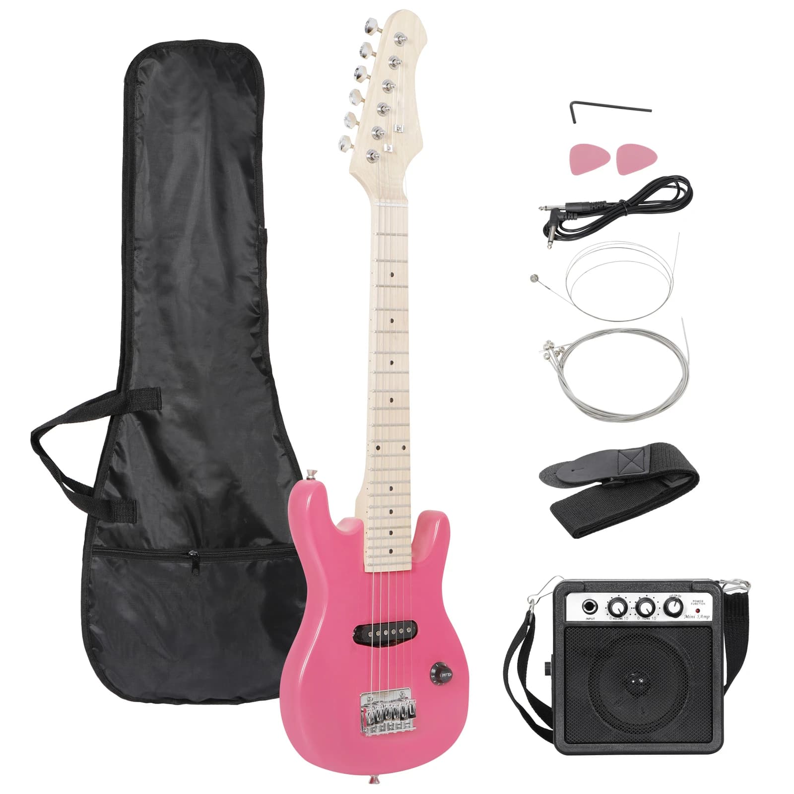 Chitarra Elettrica per Bambini da 30 Pollici con Amplificatore da 5W, Borsa da Trasporto, Tracolla, Cavo, Corde e Plettri, Rosa