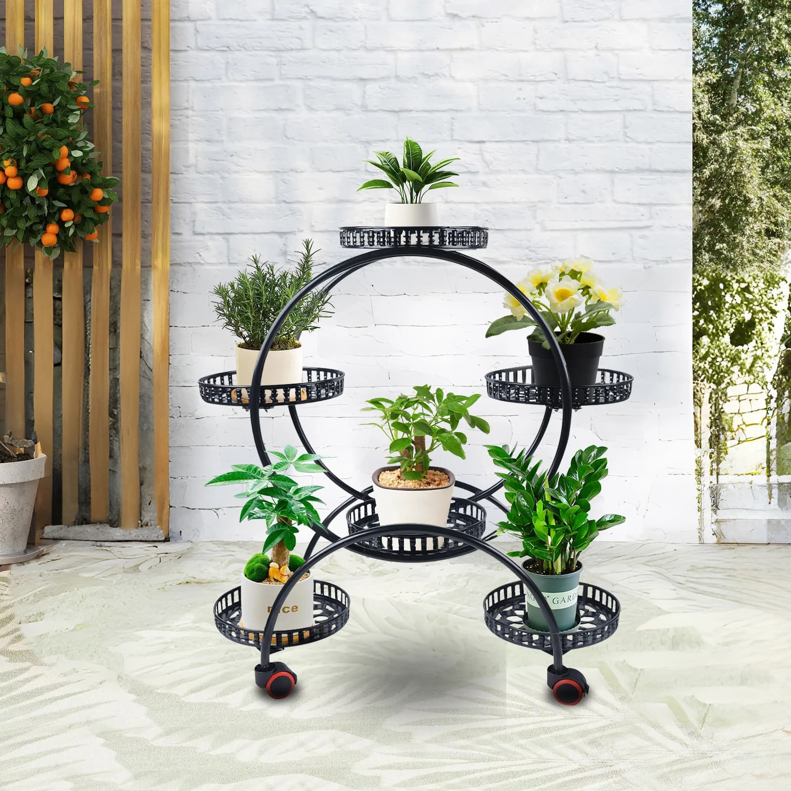 4 level black metal round plant stand - 6- jar display with lockable wheels, for indoor/outdoor patio, garden, courtyard, home decoration