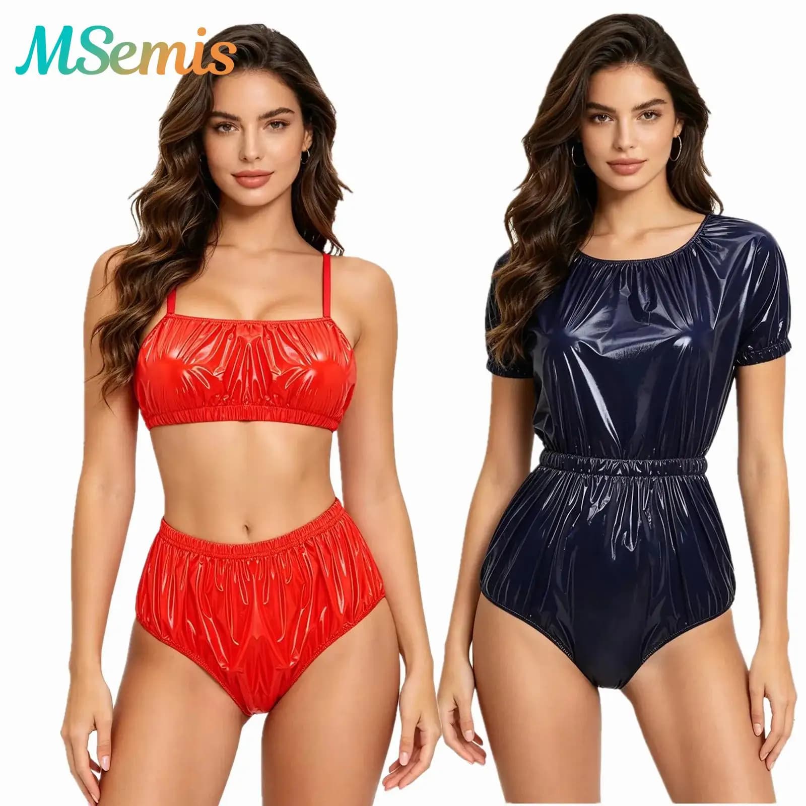 Costume da bagno bikini metallizzato lucido da donna, due pezzi, senza imbottitura, senza ferretto, con slip a vita alta, per la spiaggia