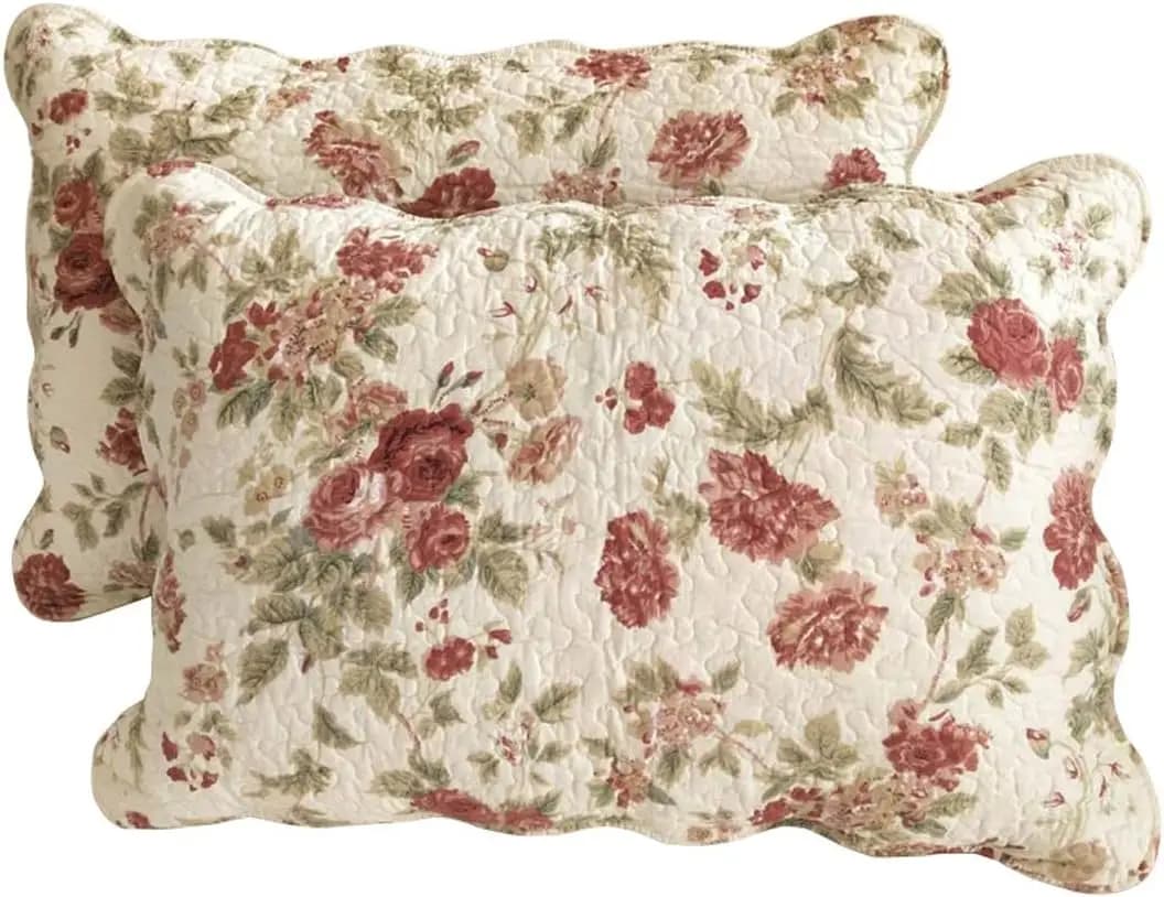 Boho floral patchwork cushions, 2-packed, 100% cotton quilted soft rustic style (Fiore, Queen)