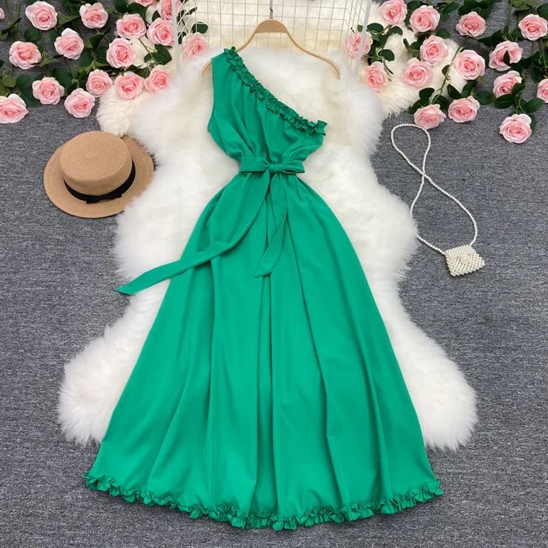 YuooMuoo Abito da donna alla moda europea e americana, abito lungo estivo monospalla con cintura, vestito chic da spiaggia per donna