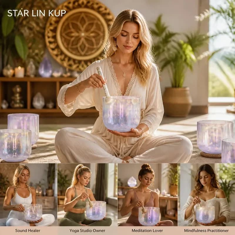 STAR LIN KUP 432Hz Crystal Singing Bowl Indigo Aurora Handle with Sand Surround and Accessories for Meditation Healing Chakra
