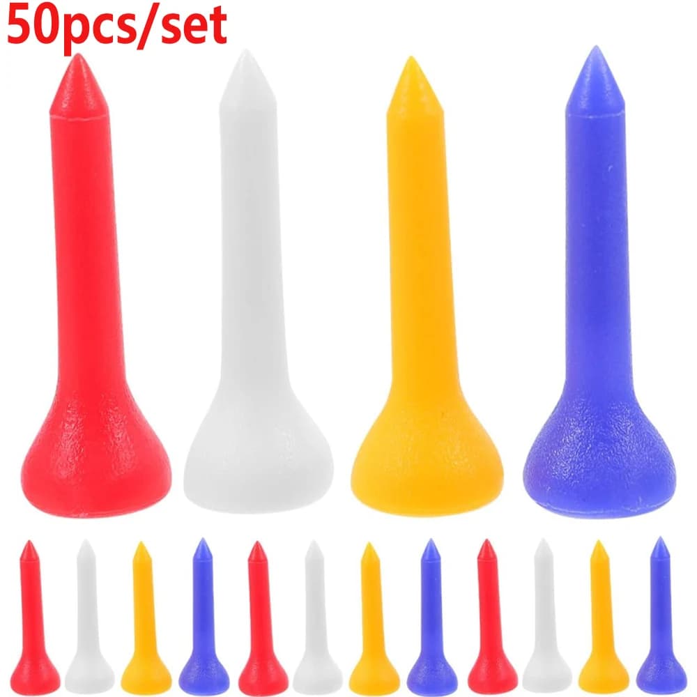 50 pezzi/set T-shirt da golf in plastica PE, ricambio per campo di guida, colpire, accessori per mazze da allenamento, supporto da golf multicolore