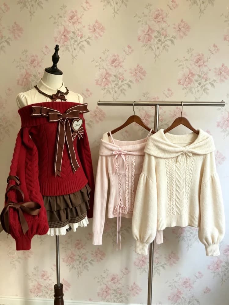 Kawaii Girls Grey Big Bow Off‑Shoulder Knit Sweater Knitted Slim Fit Long Sleeve Streetwear Harajuku Pullover Casual Pullover