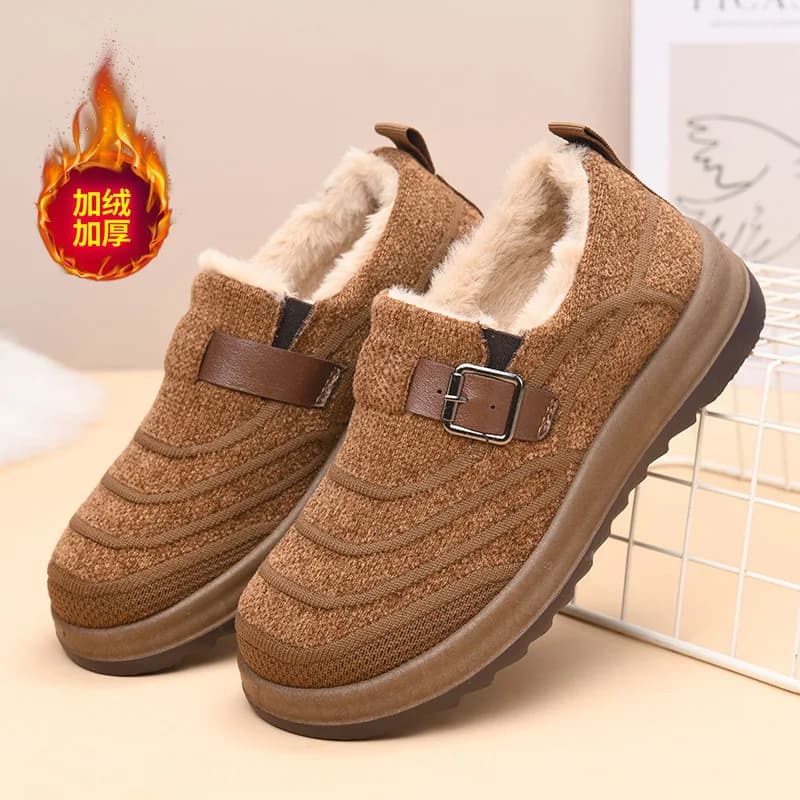 Women Winter Fleece Lined Loafers, Knitted Fabric Warm Slip‑on Shoes, Buckle Strap Non‑Slip Thick Platform Casual Shoes