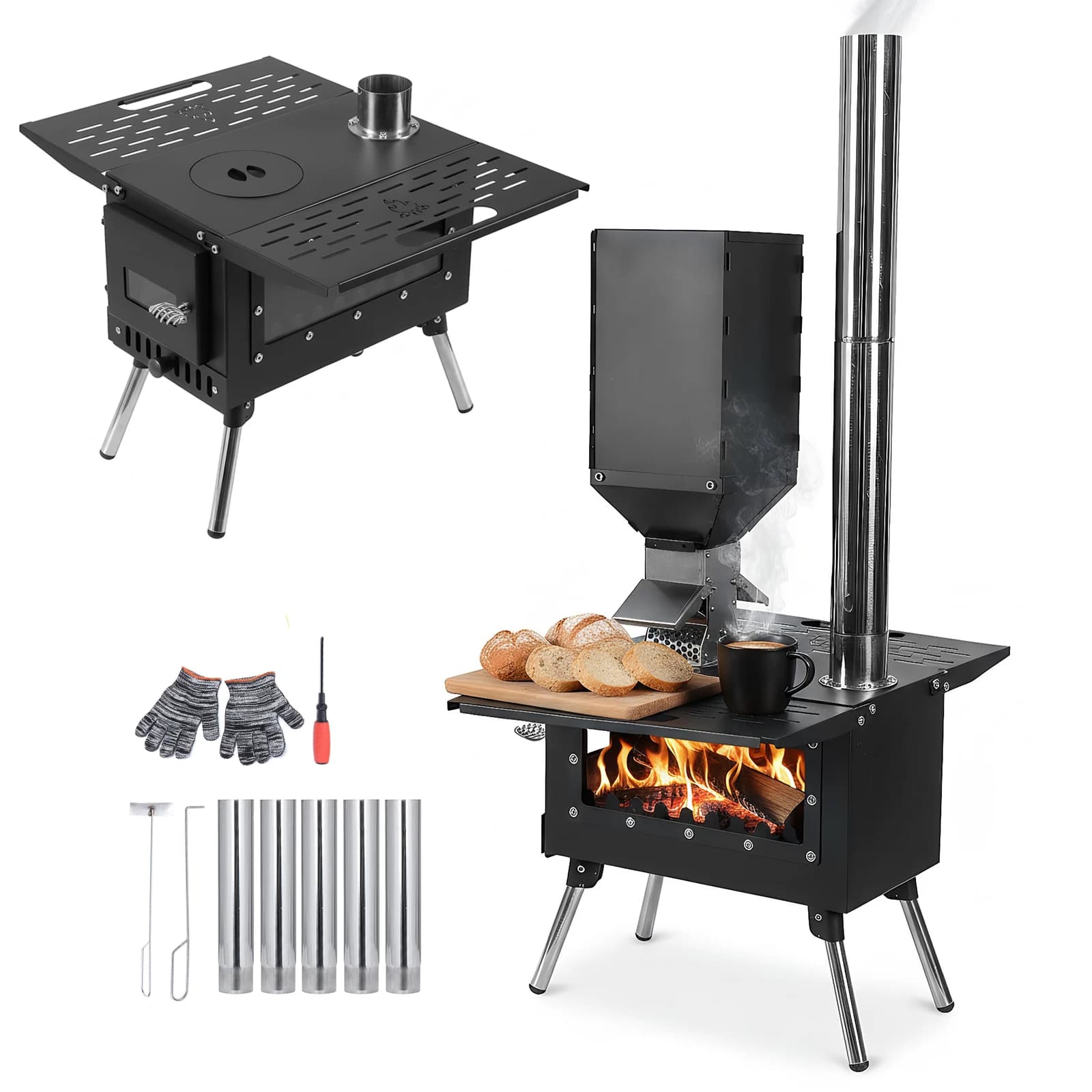 Stainless Steel Structure Portable Wood Stove, Camping Stove with Fumaria Canna Hoses Included for Kitchen and Heating Open