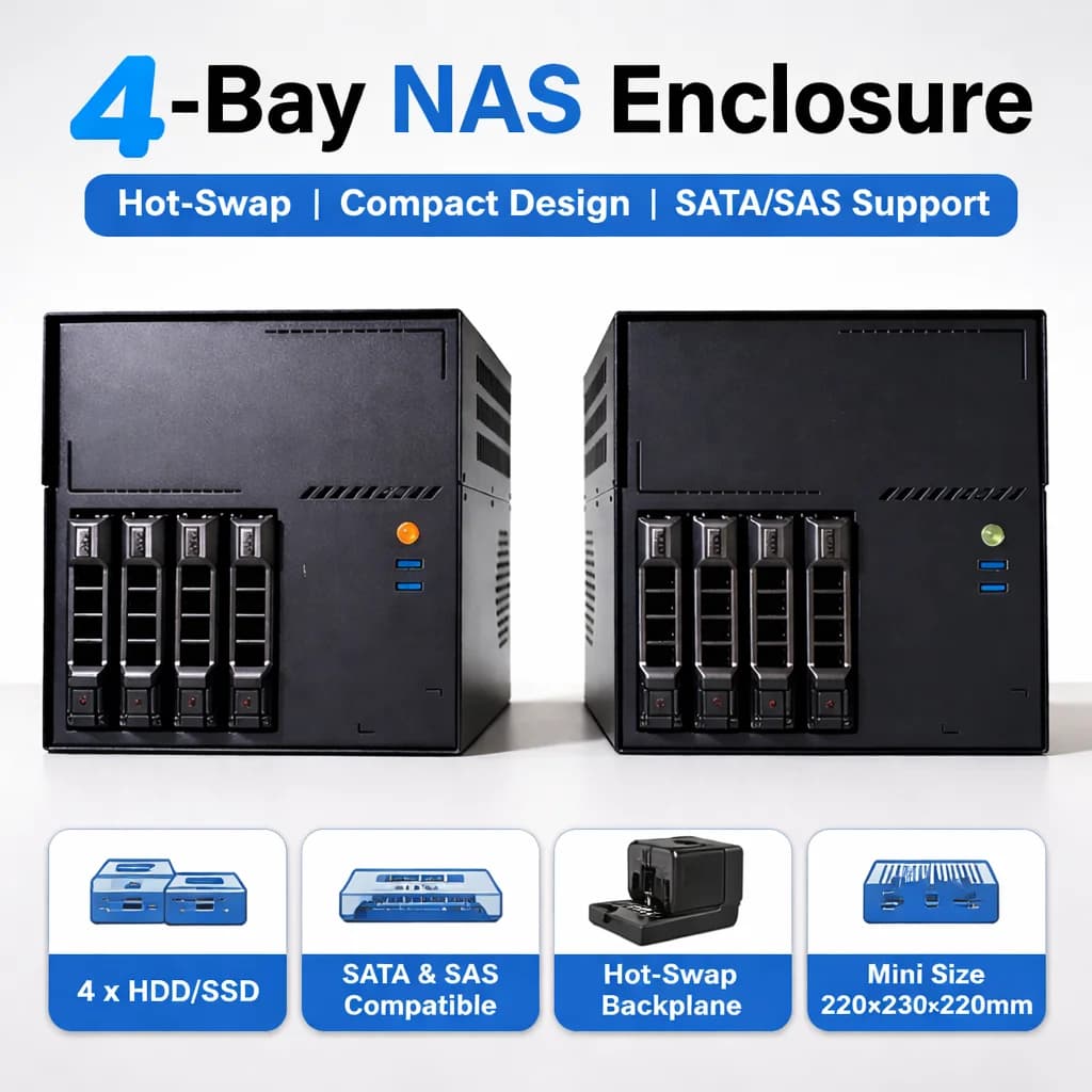 Case NAS a 4 Bay Hot Swap, Enclosure SATA SAS Mini ITX, Chassis Server NAS, Supporto HDD/SSD da 3.5/2.5 pollici, Alimentatore SFX 1U, Storage Compatto