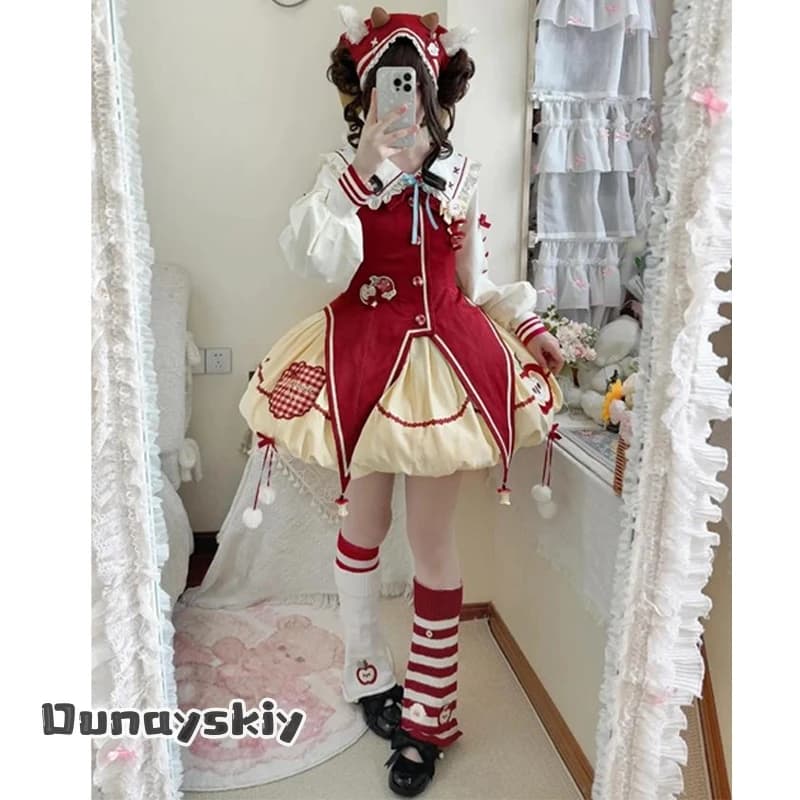 aBANNc*@Cosplay Japanese Sweet Lolita Christmas 2 Piece Set Costume Kawaii Bow Shirt + Red Vest+Fluffy Skirts New Vintage Outfit