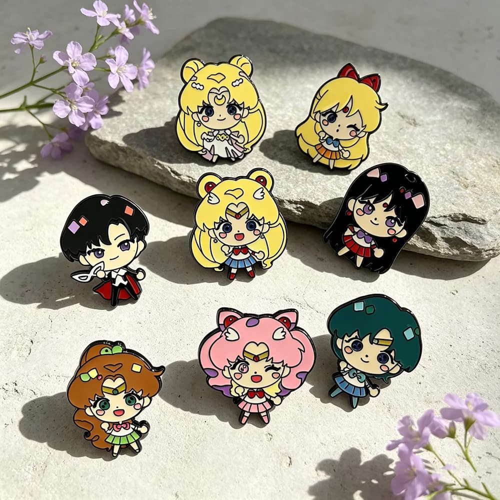 Set di 8 Spille Smaltate Sailor Moon, Distintivi in Metallo con Personaggi dei Cartoni Animati Tsukino Usagi, Accessori alla Moda per Zaini e Abbigliamento