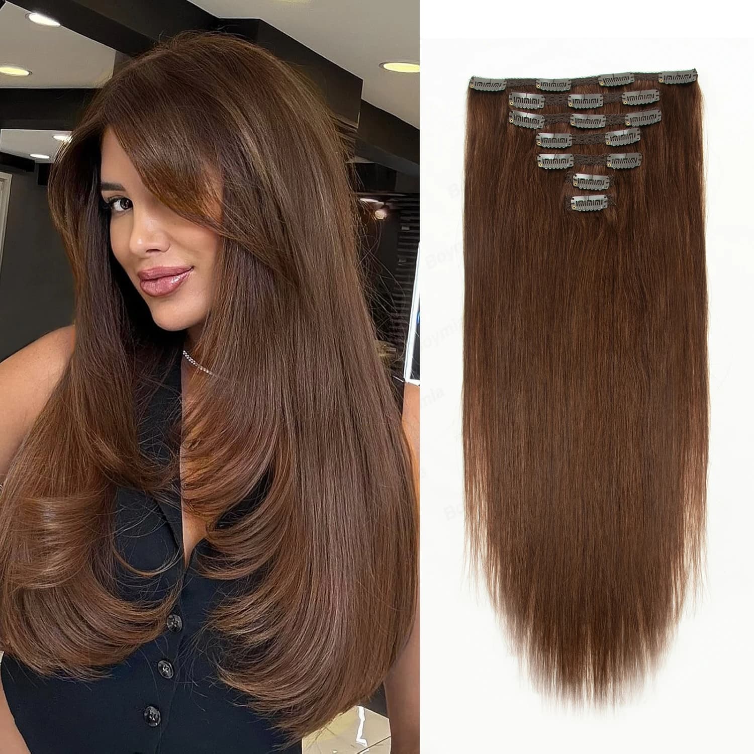Extensioni per capelli con clip, 100% capelli umani Remy, extension liscie con clip invisibili e senza cuciture, 7 pezzi a doppia trama per donna