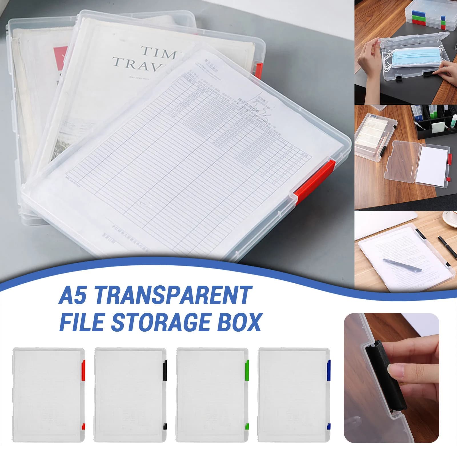 Portable File Folder A5 Transparent Document Organizer Plastic Storage Box with Lid for School Office Home Supplies