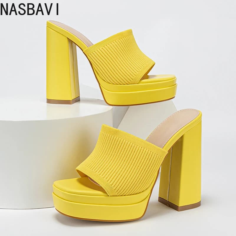 NASBAVI Accogliente tessuto elasticizzato lavorato a maglia tacchi alti grossi pantofola da donna piattaforma moda punta aperta scarpe da donna per festa di nozze
