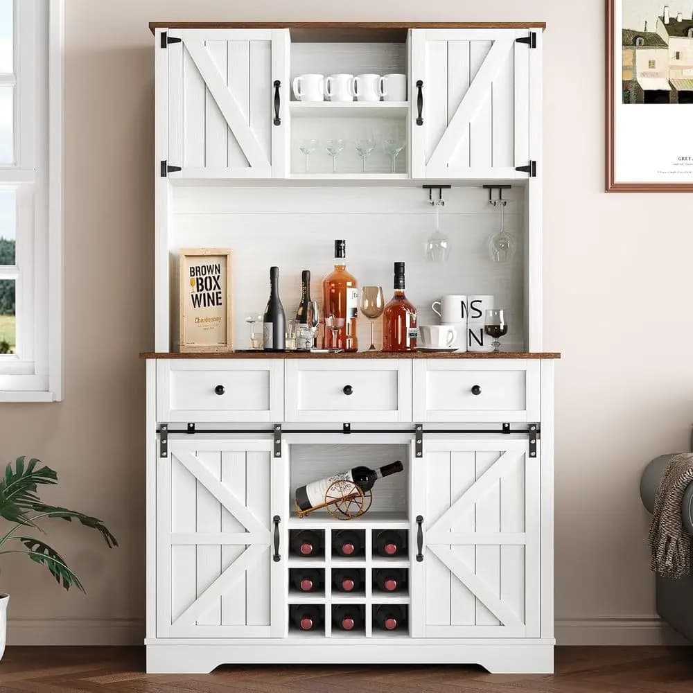 Mobile Bar con 72 Ante Scorrevoli, Portabottiglie, Vetrina e Portabicchieri per Sala da Pranzo o Cucina, Bianco
