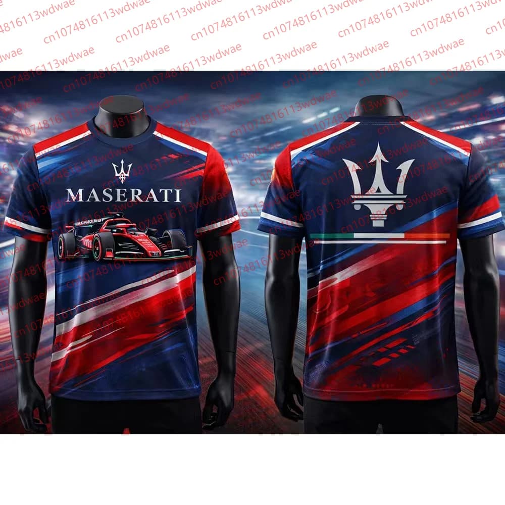 Men's Maserati racing shirt, Trident F1 logo printed in front and back, short sleeve, breathable, summer, for motorsport enthusiasts