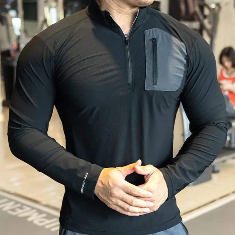 Abbigliamento sportivo da allenamento muscolare da uomo Abbigliamento da corsa a maniche lunghe con mezza zip con tasche T-shirt da palestra sportiva Camicia a compressione fitness