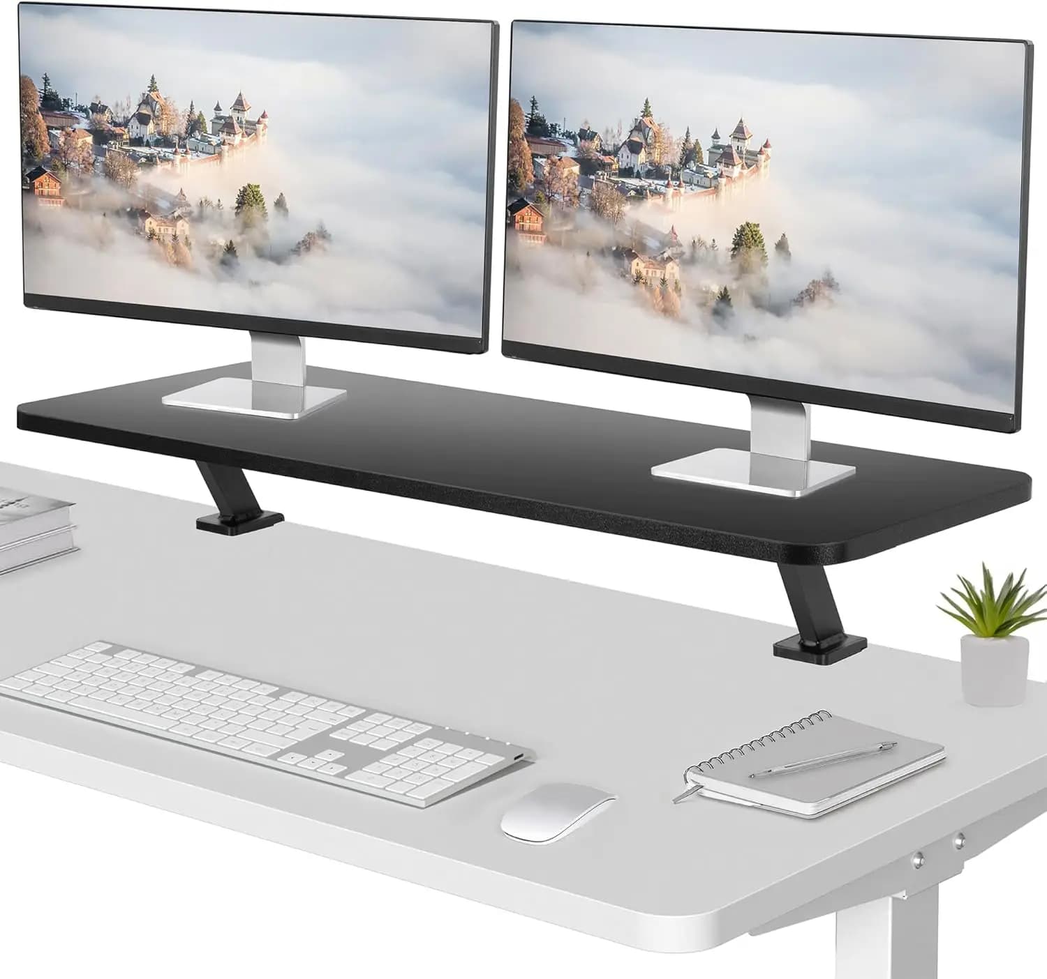 Black ergonomic desk stand with clamp, large, 40 inch, for double monitor and laptop - Desk organizer for 2 screens