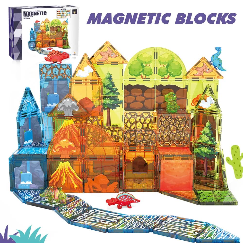 Mattoncini Magnetici a Tema Dinosauro, Vulcano e Foresta, Gioco Educativo STEM per Bambini, Regalo Ideale per Compleanno e Natale