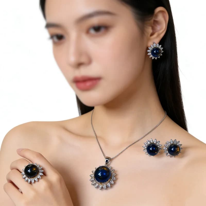 8-9-10mm Blue Amber Round Beads Sterling Silver Female Flower Three-piece Jewelry Set